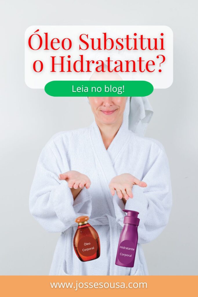 mulher de roupão apontando um óleo e um hidratante corporal