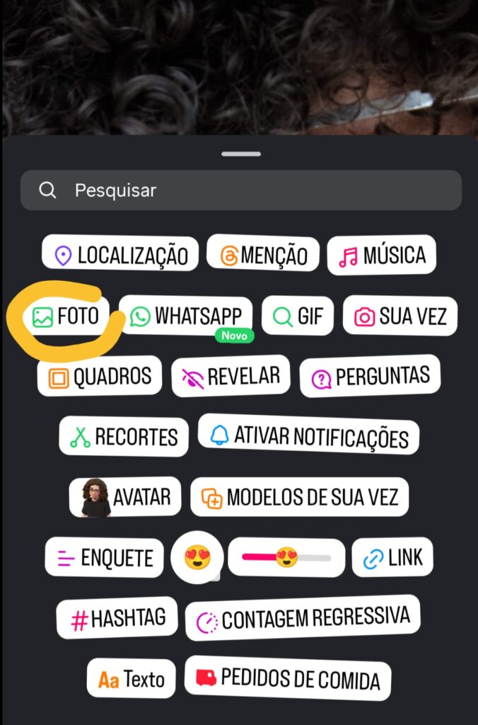 tela do story do Instagram para escolher a cor da base