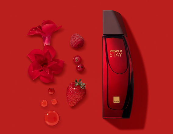 imagem vermelha com frasco do perfume power stay avon