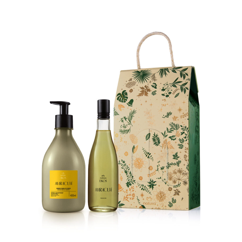 presente ekos maracujá, frasco de creme corporal e colônia mais sacola de presente envelope personalizada natalina