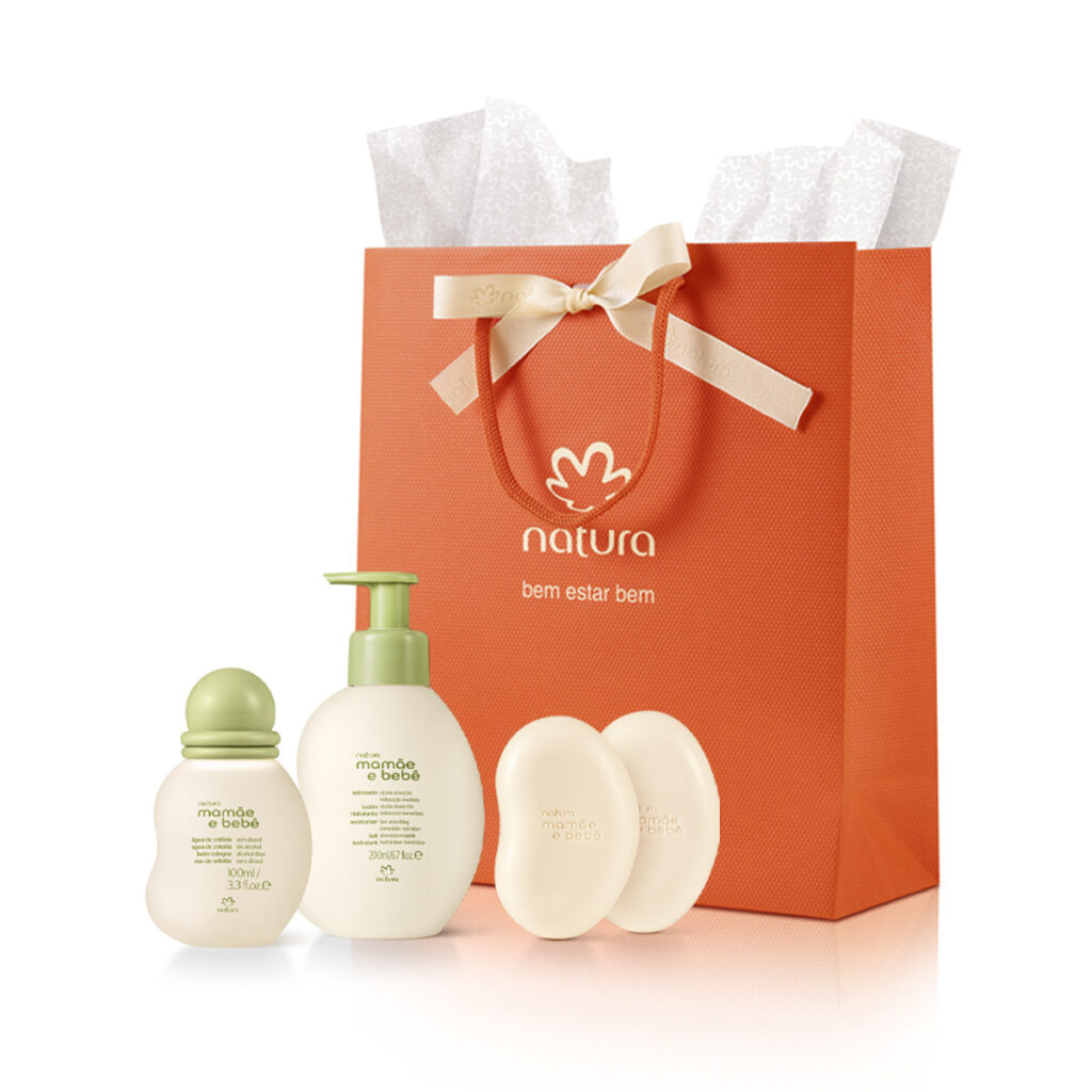 Presente Natura Mamãe e Bebê – Amor em Forma de Cuidado, mais sacola de presente com laços