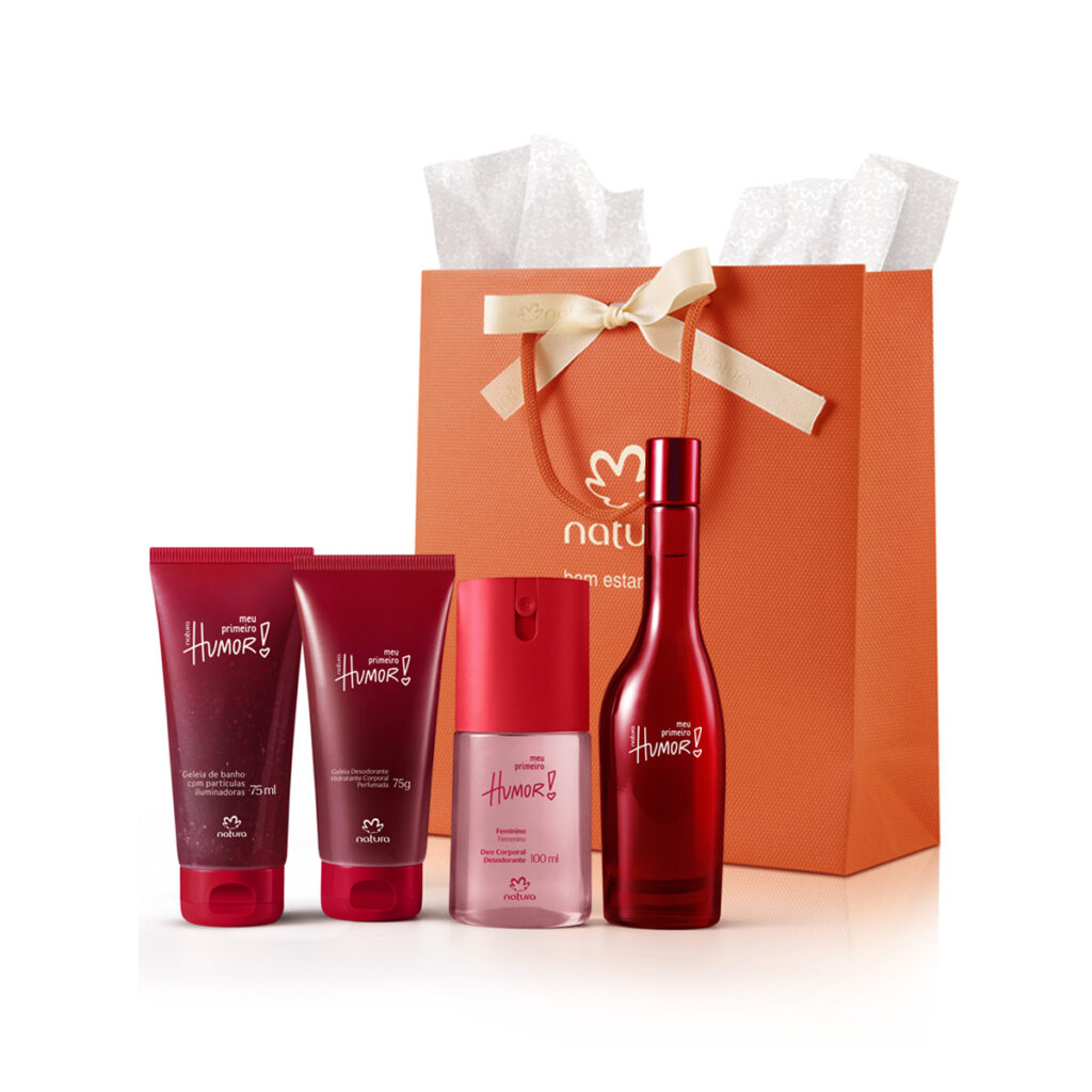 kit presente completo meu primeiro humor, frasco de colônia, sabonetes e cremes e desodorante mais sacola de presente