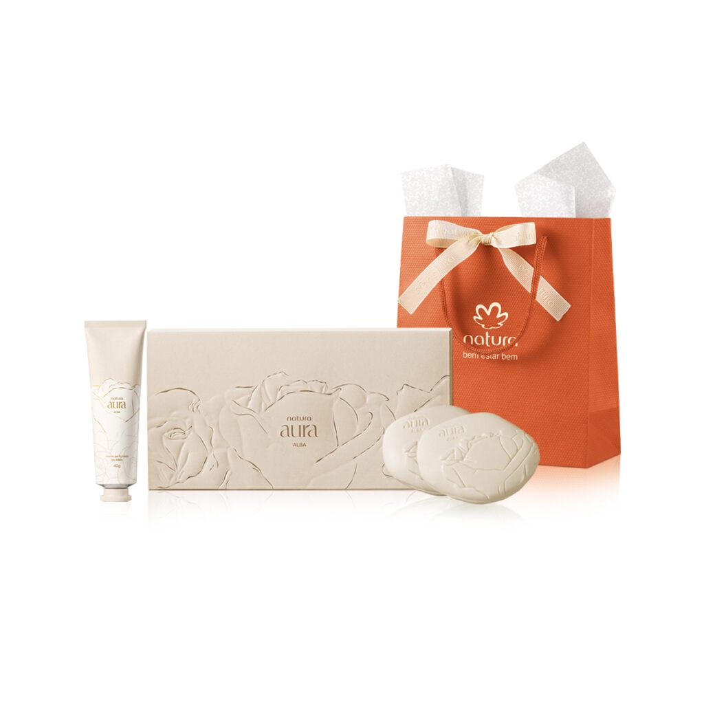 Presente Natura Aura Alba, creme e sabonetes decorados
