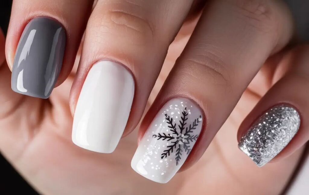 Unhas Brancas, Cinza e Prata: Elegância Fria e Minimalista para o Natal