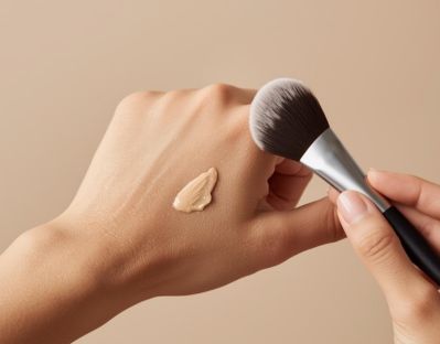 mão de mulher com base no dorso da mão e pincel na outra outra mão, técnica de aplicar base