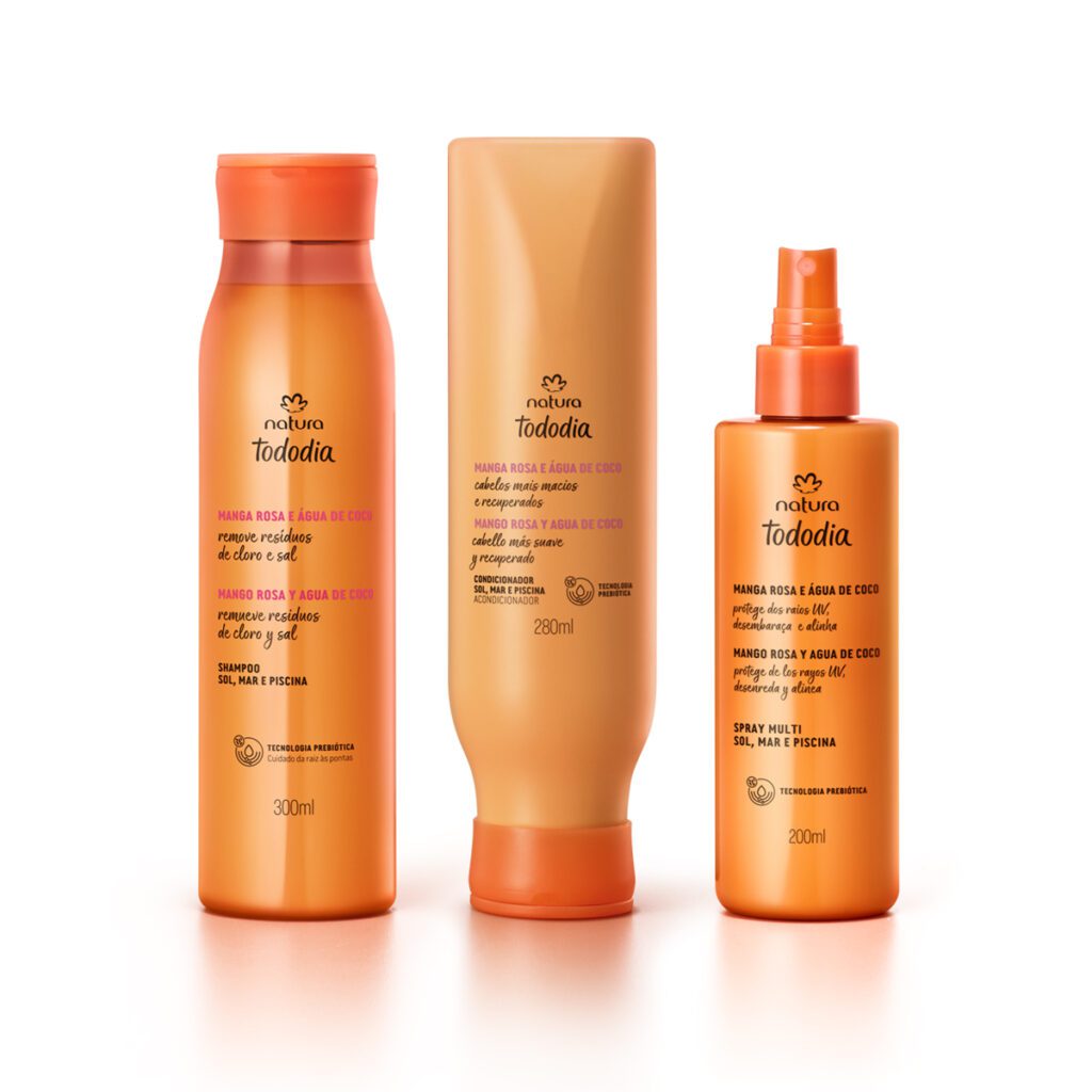 linha completa de Sol, Mar e Piscina Tododia Manga Rosa e Água de Coco para os cabelos