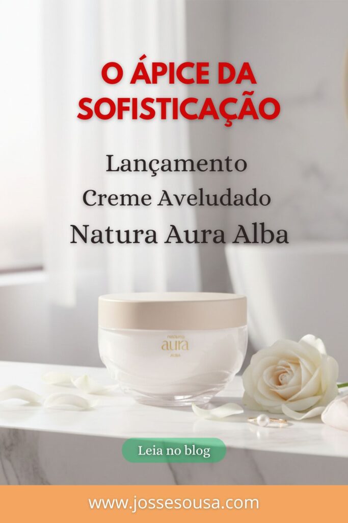 imagem de pote de creme natura aura alba em cima de um balcão de mármore de um banheiro, em volta roas brancas.