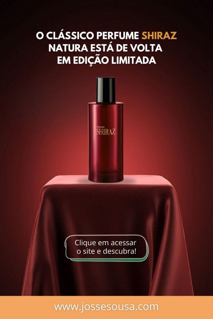 Perfume shiraz feminino natura, imagem do frasco do perfume sobre uma mesa com imagens todas vermelhas