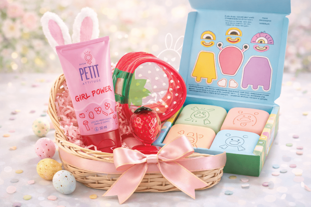 cesta de presente de pascoa infantil, produtos natura e avon,