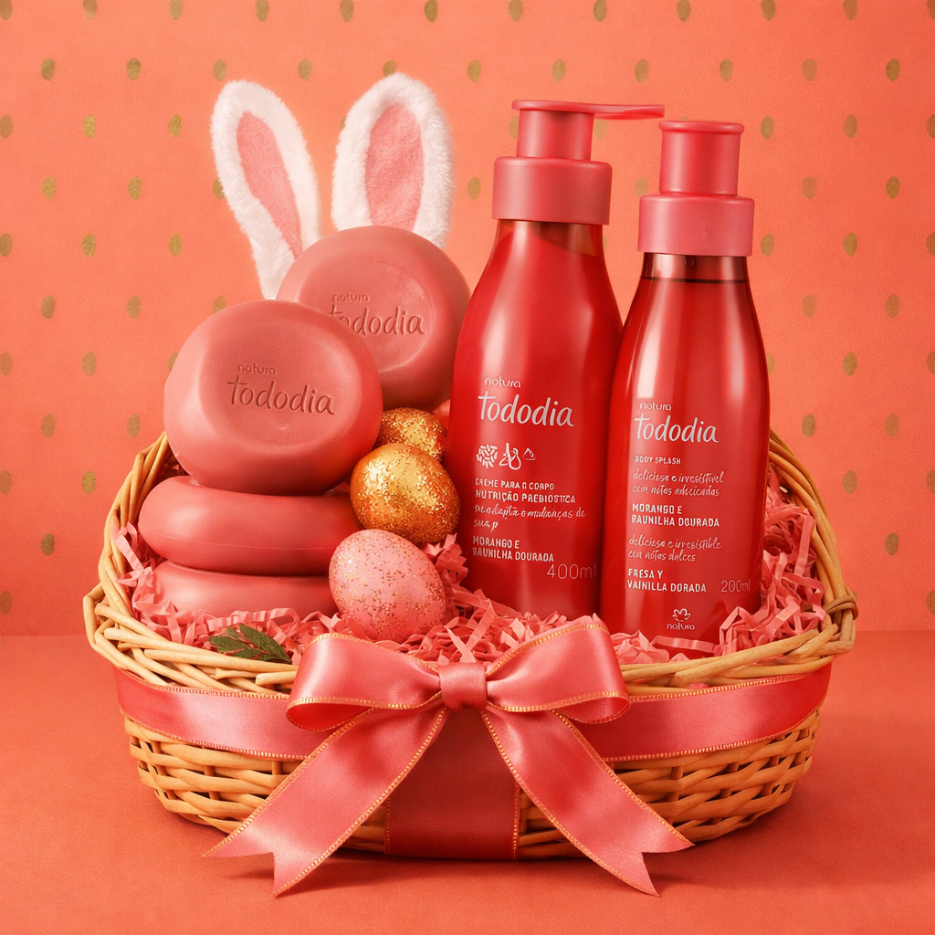 cesta de presente de pascoa tododia marango e baunilha dourada,