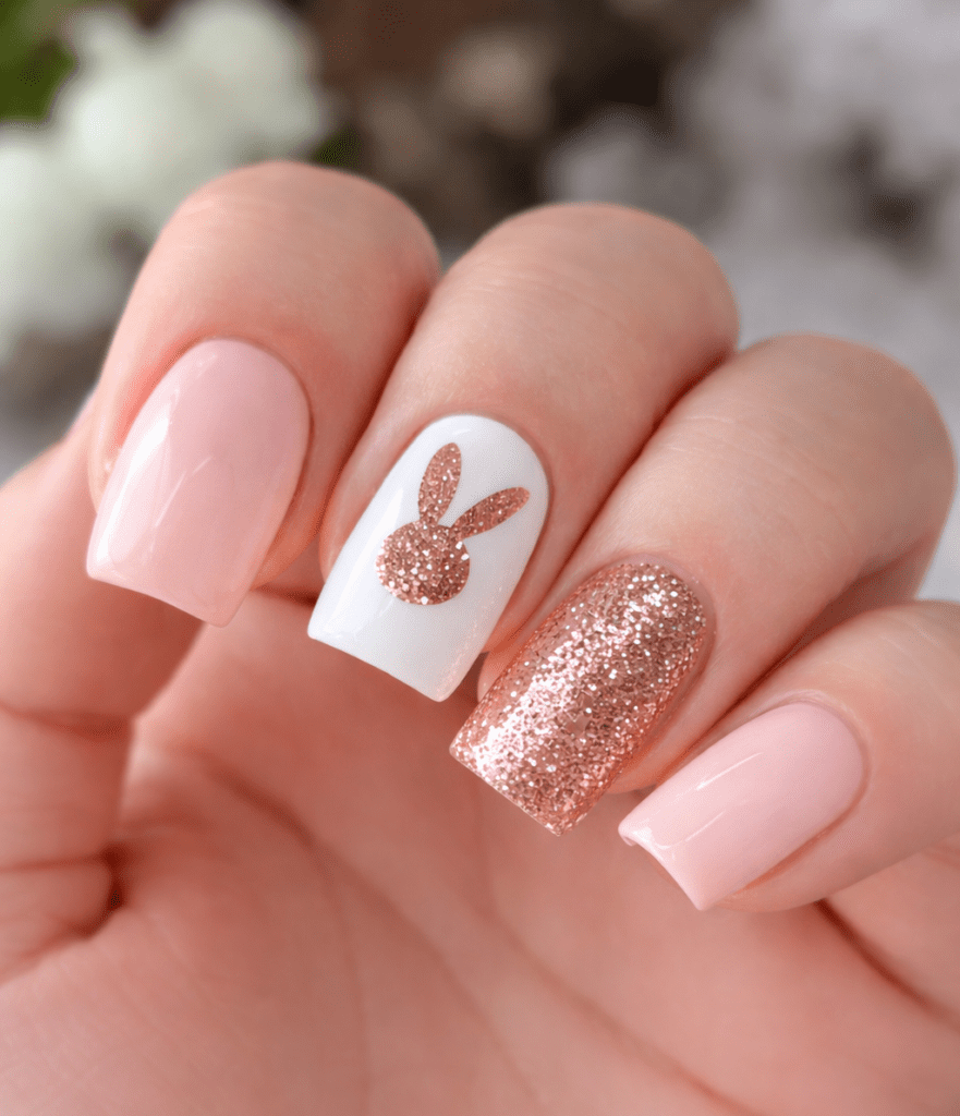 Unhas de Páscoa Rosa com Glitter e Coelhinho