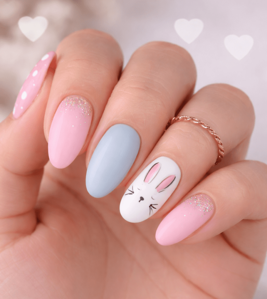 Unhas de Páscoa em Tons Pastel com Coelhinho Minimalista