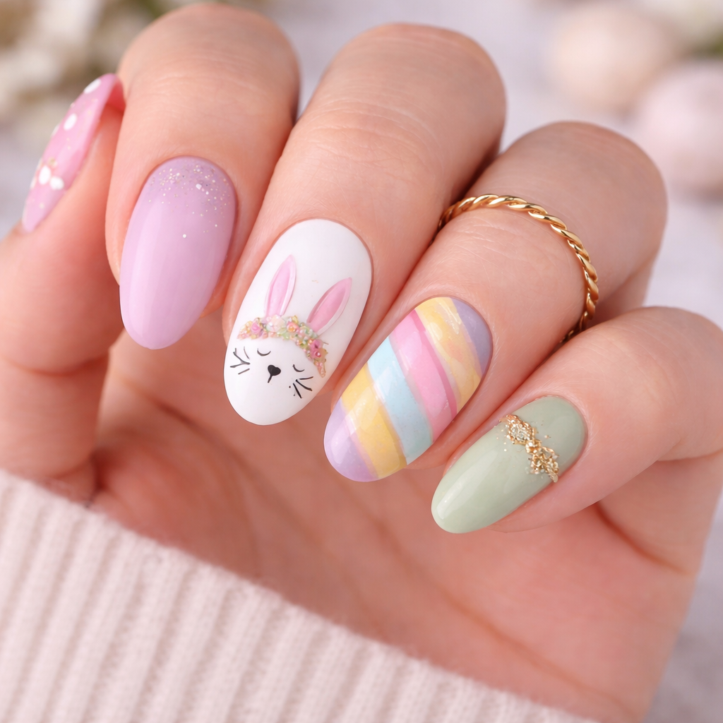 Unhas de Páscoa em Tons Pastel com Coelhinho Delicado