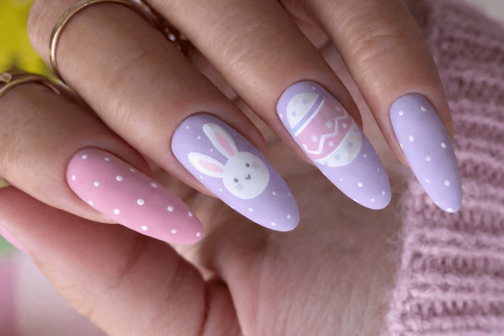 Unhas Decoradas de Páscoa em Tons Pastel com Coelhinho