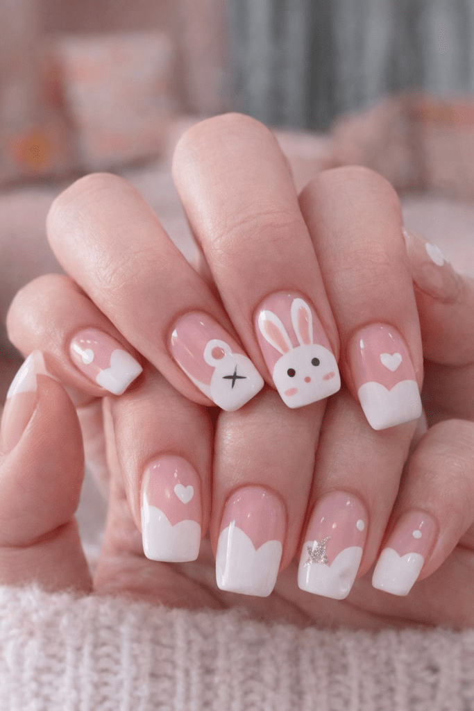 Unhas Decoradas de Páscoa com Coelhinho Delicado