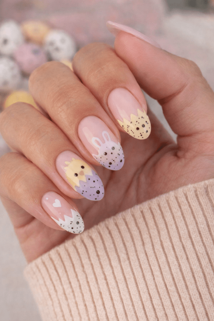 Unhas Decoradas de Páscoa com Pintinhos e Ovinhos