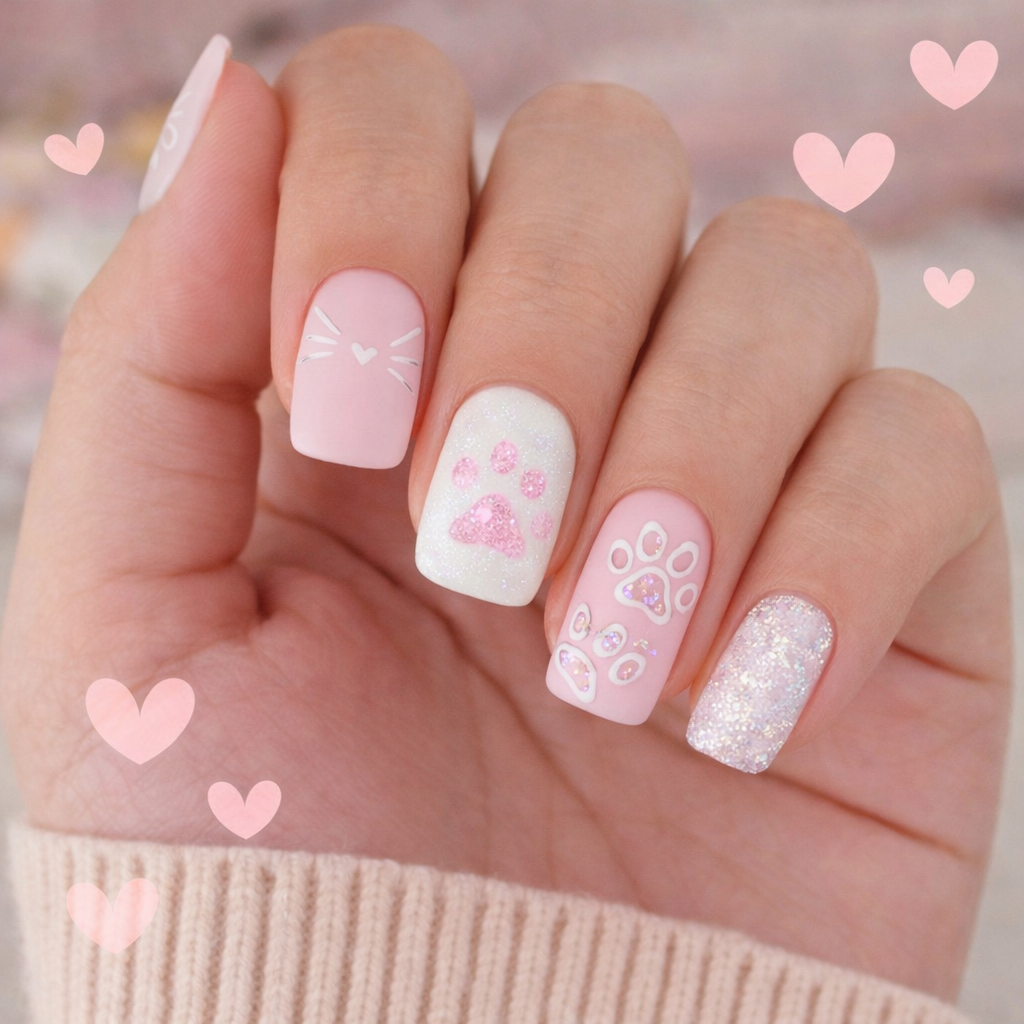Unhas Decoradas de Páscoa com Patinhas e Corações Delicados