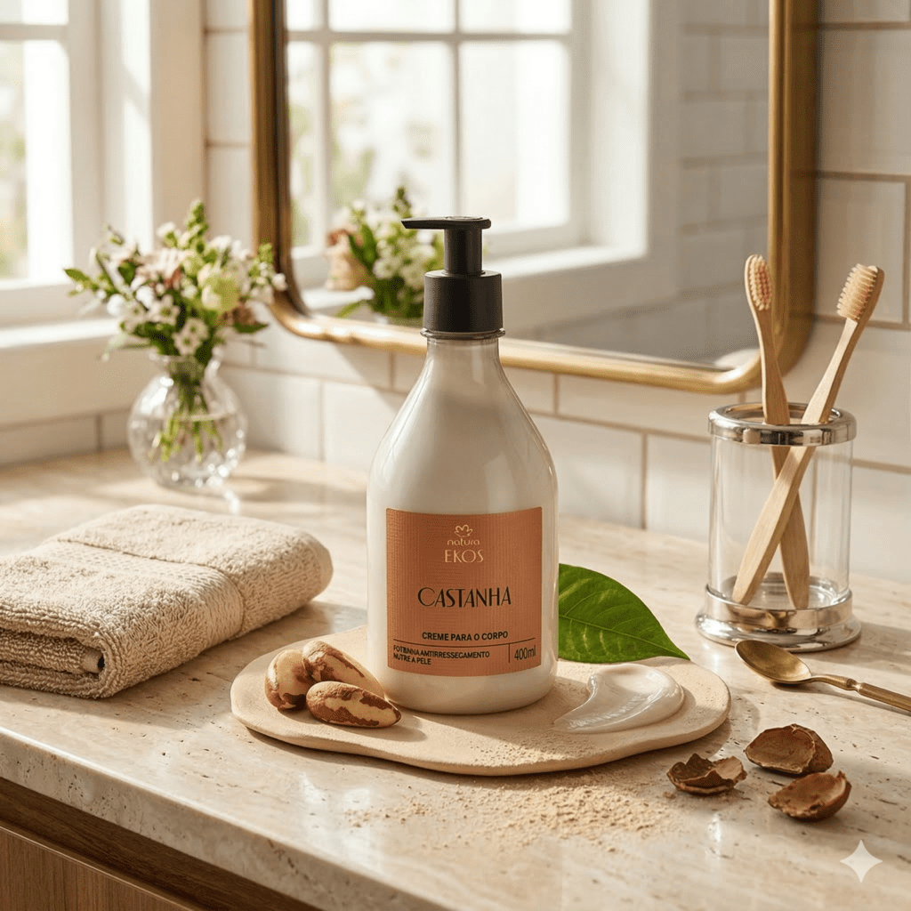 um frasco de creme da ekos de castanha sobre uma bancada de banheiro