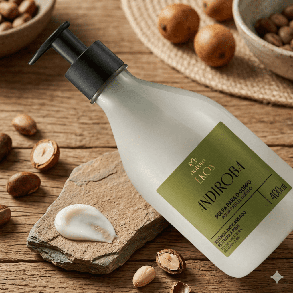 um frasco de creme da ekos de andiroba sobre uma mesa de madeira e castanhas ao redor