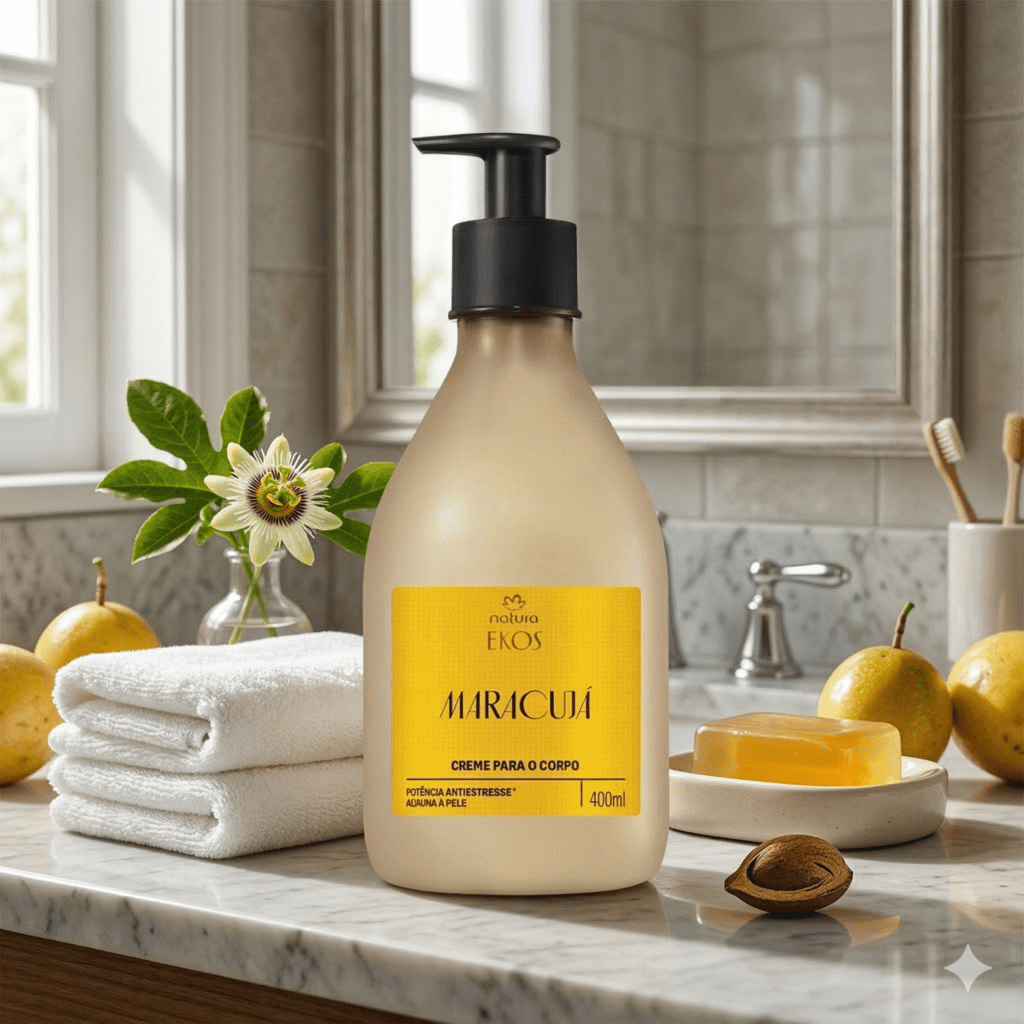 um frasco de creme da ekos de maracujá sobre uma bancada de banheiro