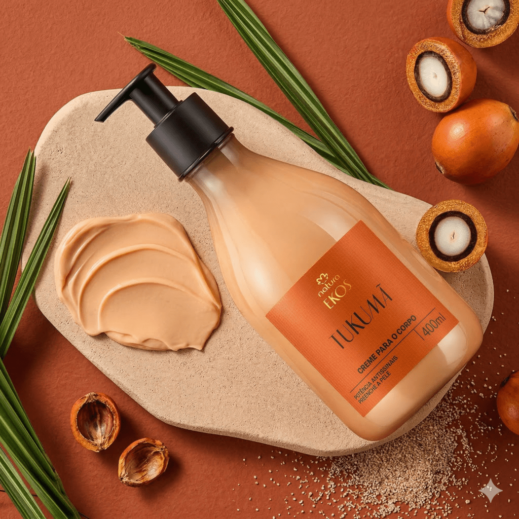 um frasco de creme da ekos de tukumã sobre uma bancada de pedra e castanha ao redor