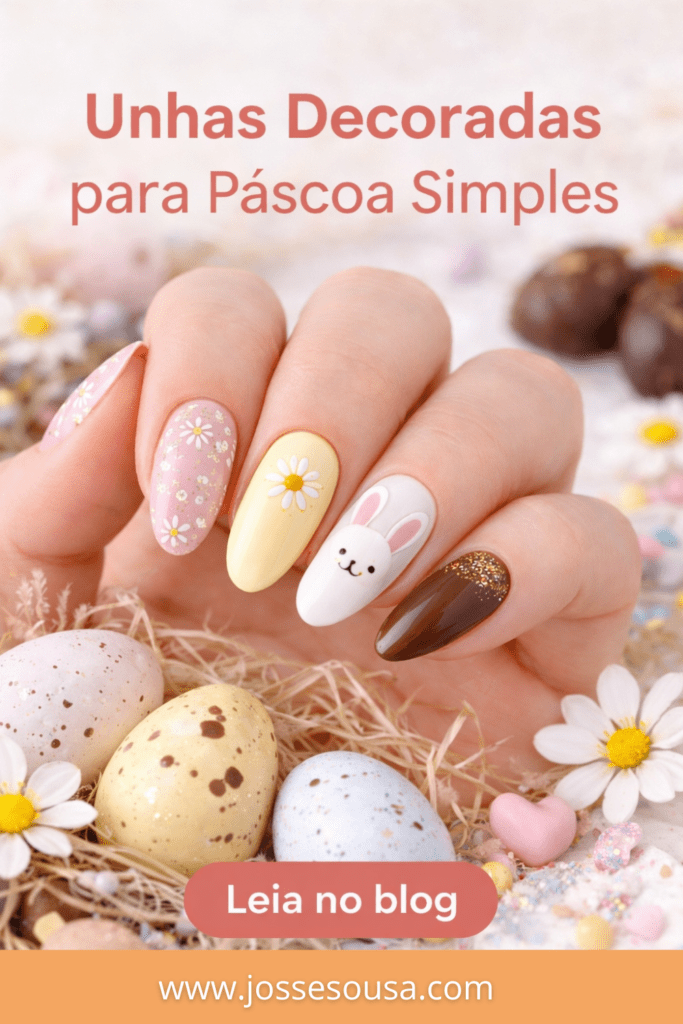 mão mostrando as unhas em gel para páscoa, leia no blog